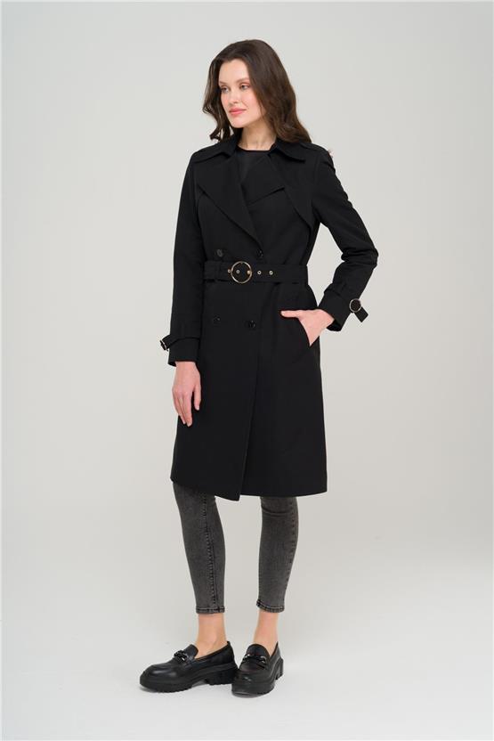 Olcay Y25 6681 Sıyah Kadın Pelerın Ve Apolet Detaylı Kruvaze Astarlı Trenckot