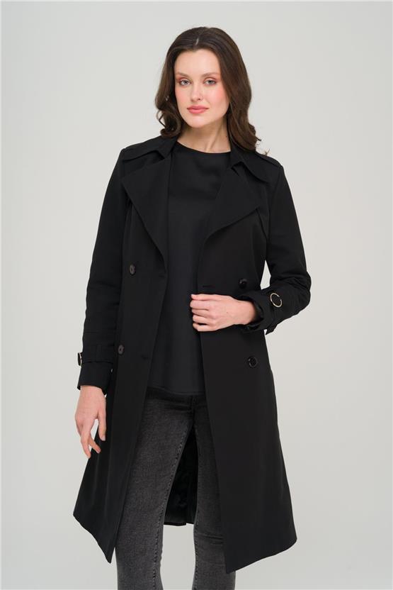 Olcay Y25 6681 Sıyah Kadın Pelerın Ve Apolet Detaylı Kruvaze Astarlı Trenckot