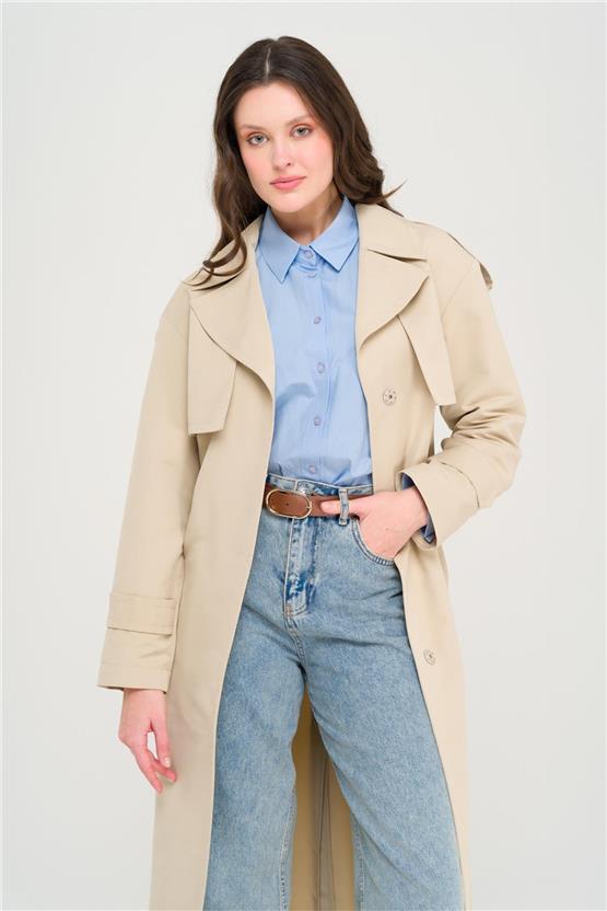 Olcay Y25 6696 Bej Kadın Pelerın Ve Apolet Detaylı Astarsız Oversıze Trenckot