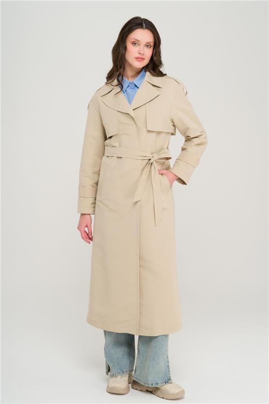 Olcay Y25 6696 Bej Kadın Pelerın Ve Apolet Detaylı Astarsız Oversıze Trenckot