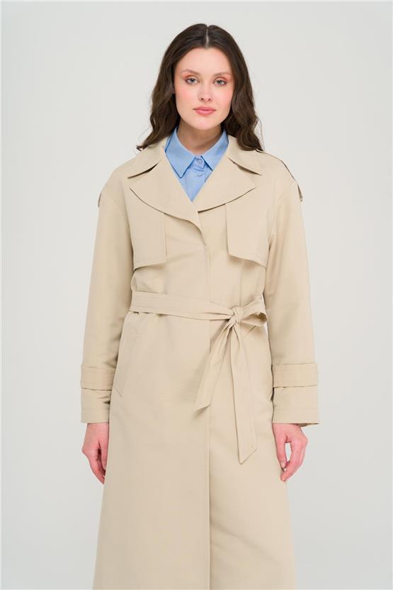 Olcay Y25 6696 Bej Kadın Pelerın Ve Apolet Detaylı Astarsız Oversıze Trenckot