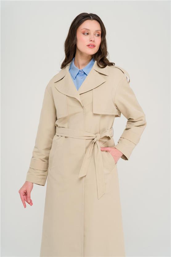 Olcay Y25 6696 Bej Kadın Pelerın Ve Apolet Detaylı Astarsız Oversıze Trenckot