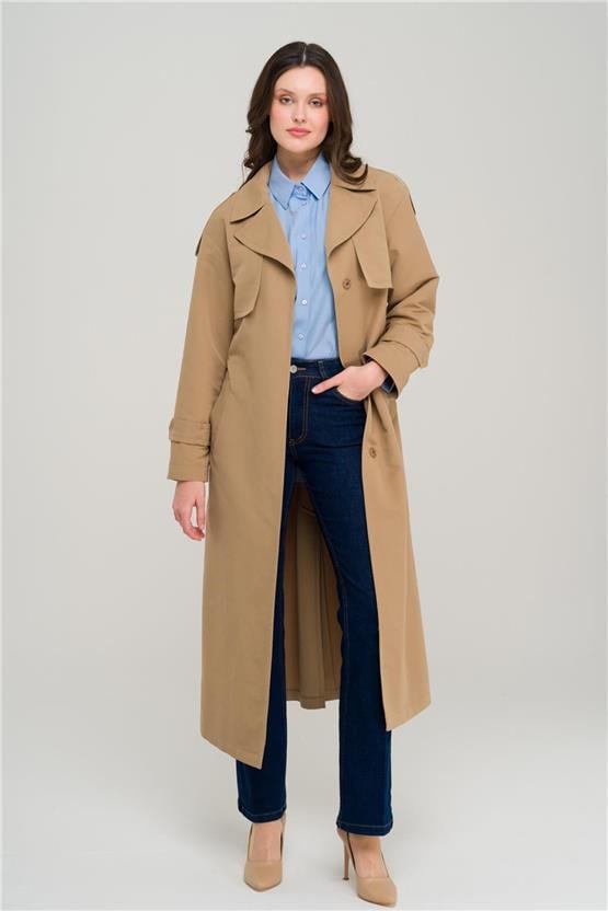 Olcay Y25 6696 Kamel Kadın Pelerın Ve Apolet Detaylı Astarsız Oversıze Trenckot