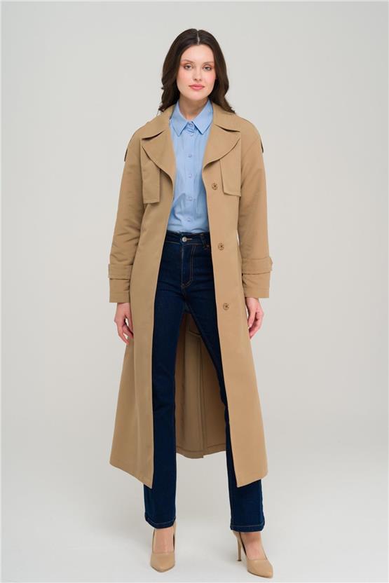 Olcay Y25 6696 Kamel Kadın Pelerın Ve Apolet Detaylı Astarsız Oversıze Trenckot