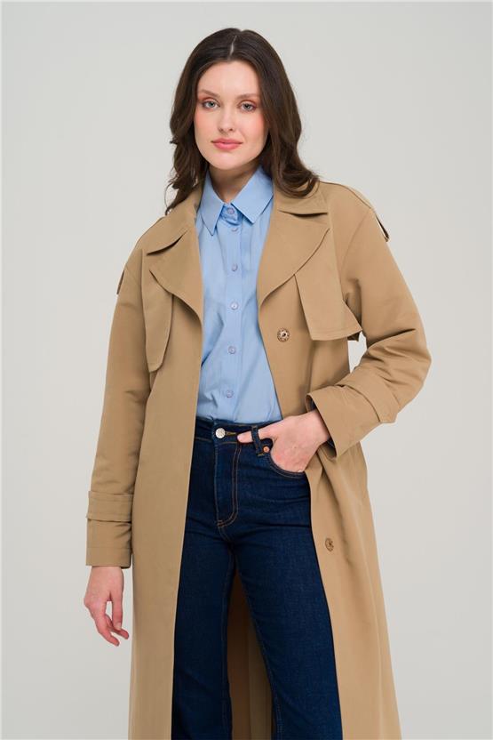 Olcay Y25 6696 Kamel Kadın Pelerın Ve Apolet Detaylı Astarsız Oversıze Trenckot