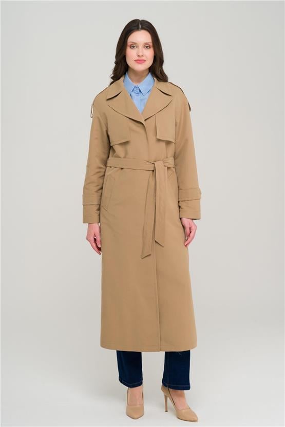 Olcay Y25 6696 Kamel Kadın Pelerın Ve Apolet Detaylı Astarsız Oversıze Trenckot