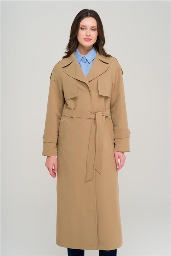 Olcay Y25 6696 Kamel Kadın Pelerın Ve Apolet Detaylı Astarsız Oversıze Trenckot