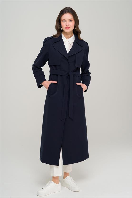 Olcay Y25 6696 Lacıvert Kadın Pelerın Ve Apolet Detaylı Astarsız Oversıze Trenckot