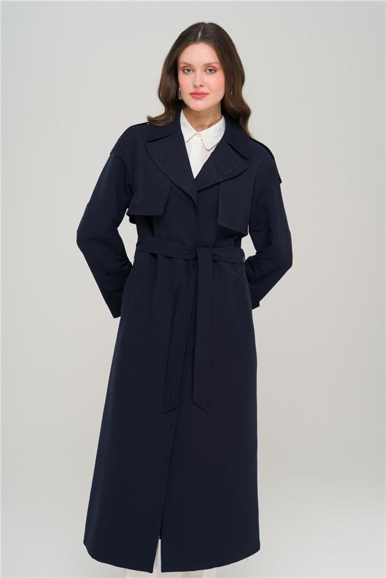 Olcay Y25 6696 Lacıvert Kadın Pelerın Ve Apolet Detaylı Astarsız Oversıze Trenckot