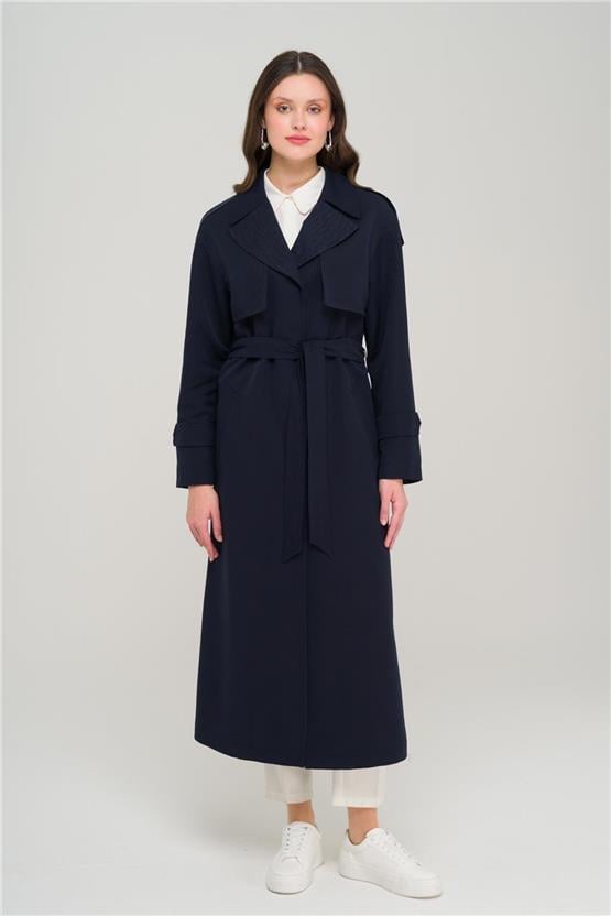 Olcay Y25 6696 Lacıvert Kadın Pelerın Ve Apolet Detaylı Astarsız Oversıze Trenckot