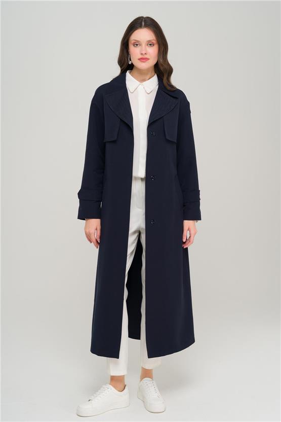 Olcay Y25 6696 Lacıvert Kadın Pelerın Ve Apolet Detaylı Astarsız Oversıze Trenckot