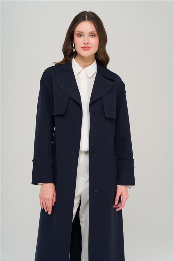 Olcay Y25 6696 Lacıvert Kadın Pelerın Ve Apolet Detaylı Astarsız Oversıze Trenckot