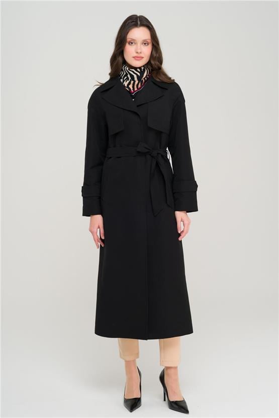 Olcay Y25 6696 Sıyah Kadın Pelerın Ve Apolet Detaylı Astarsız Oversıze Trenckot