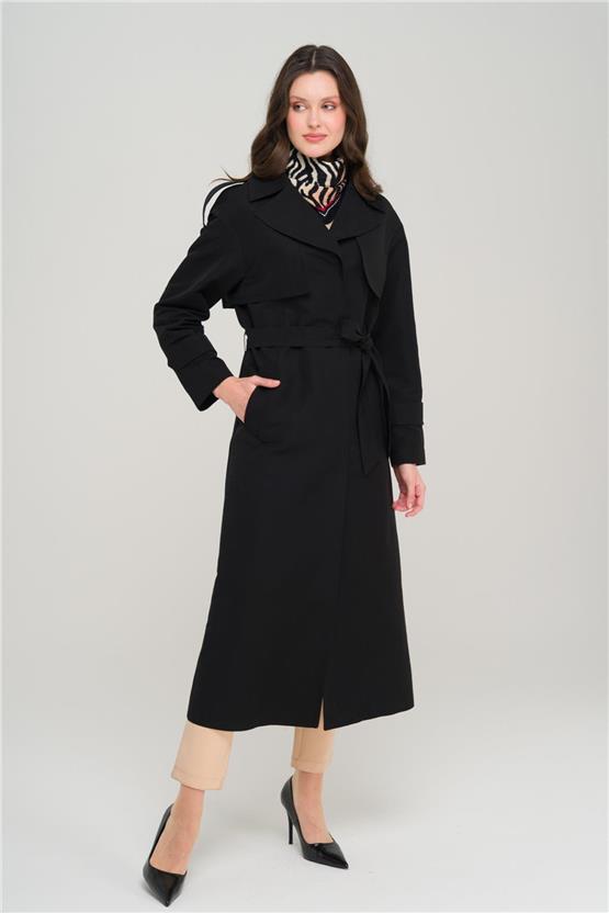 Olcay Y25 6696 Sıyah Kadın Pelerın Ve Apolet Detaylı Astarsız Oversıze Trenckot