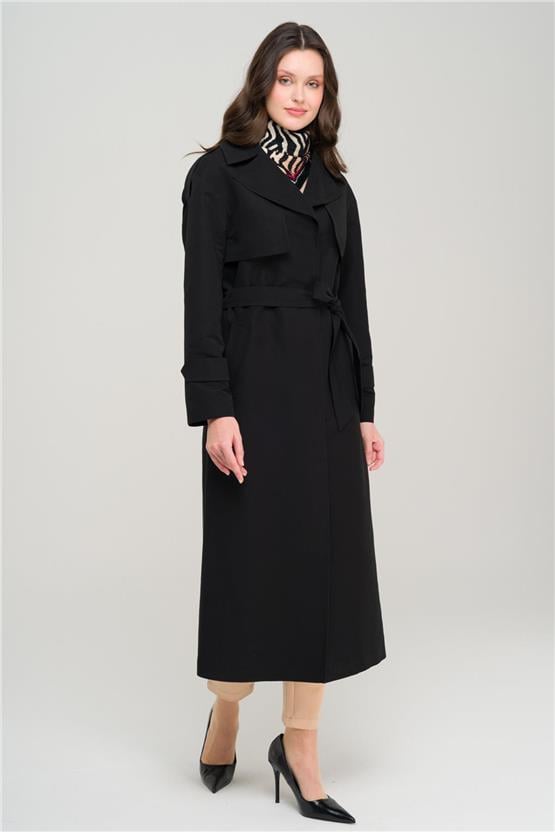 Olcay Y25 6696 Sıyah Kadın Pelerın Ve Apolet Detaylı Astarsız Oversıze Trenckot