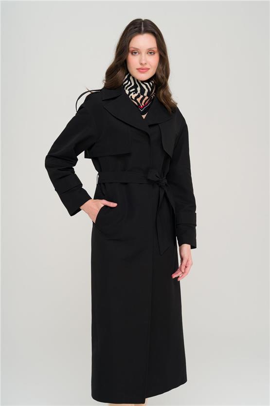 Olcay Y25 6696 Sıyah Kadın Pelerın Ve Apolet Detaylı Astarsız Oversıze Trenckot