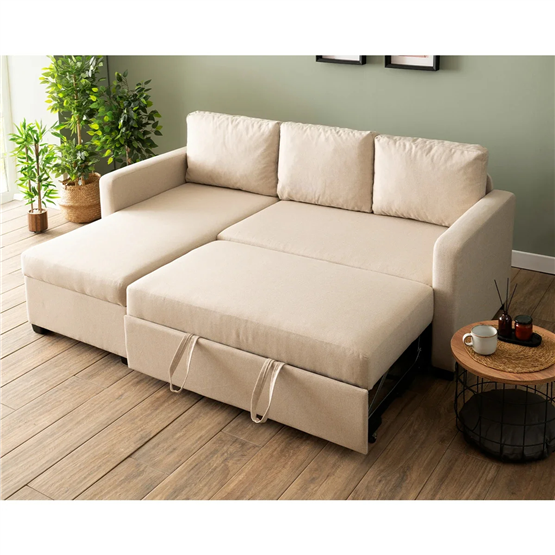 Pafu Kado Yataklı Köşe Koltuk Takımı Keten Krem