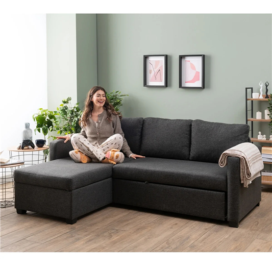 Pafu Kado Yataklı Köşe Koltuk Takımı Keten Koyu Gri