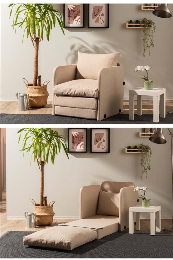 Pafu Saga Tekli Katlanır Yataklı Koltuk Keten Krem