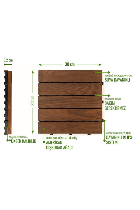 Pafu Sunsoe Dişbudak Ağacı Balkon Bahçe Ahşap Yer Döşemesi Karo Deck 30x30 cm 1 Adet (0,09m2)