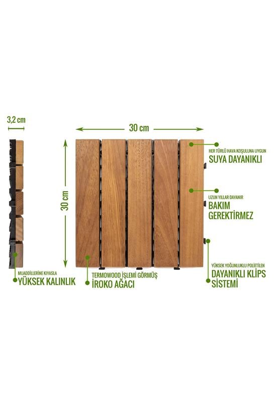 Pafu SUNSOE İroko Ağacı Balkon Bahçe Ahşap Yer Döşemesi Karo Deck 30x30 cm – 10 Adet (0,9m2)