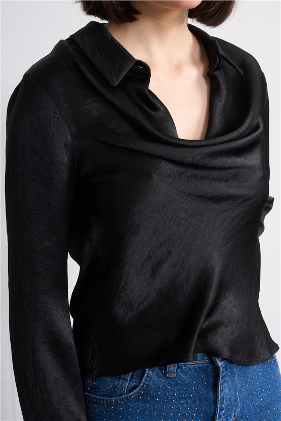 Patara Y26 26-2470 Siyah Kadın Degaje Yaka Bluz S-Xxl