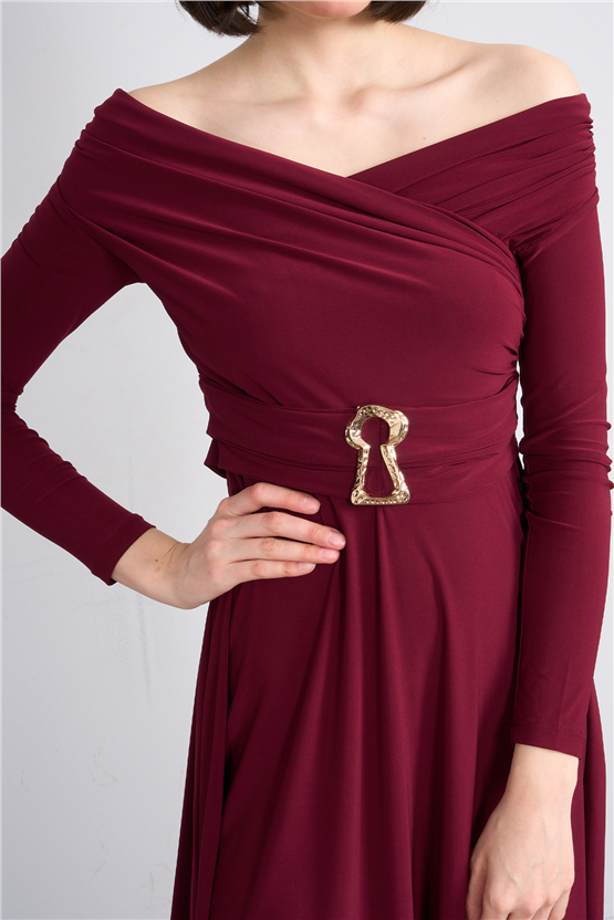 Patara Y26 26-5123 Bordo Kadın Drapeli Kruvaze Yaka Elbise S-Xl