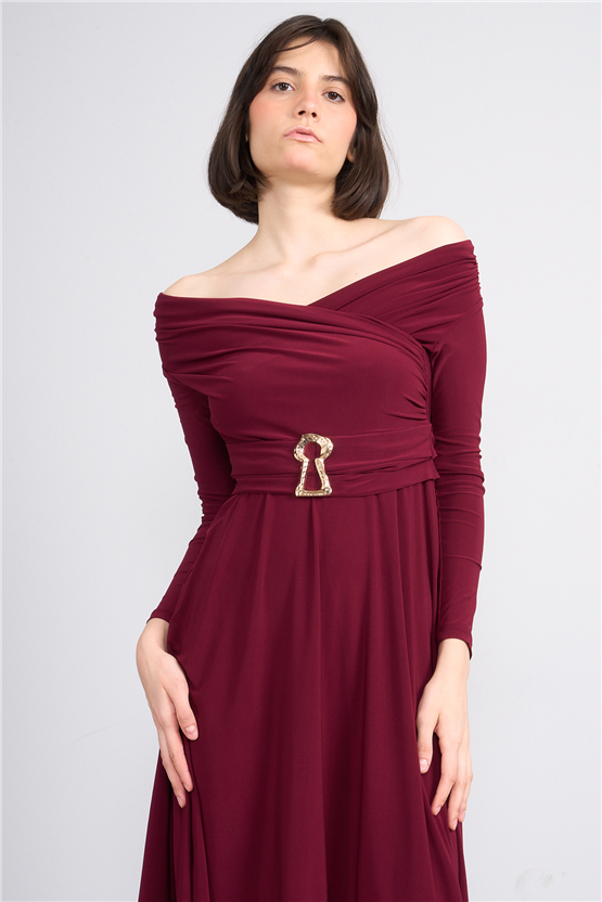 Patara Y26 26-5123 Bordo Kadın Drapeli Kruvaze Yaka Elbise S-Xl