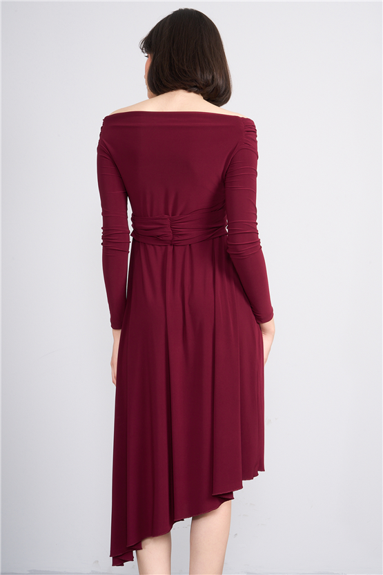 Patara Y26 26-5123 Bordo Kadın Drapeli Kruvaze Yaka Elbise S-Xl
