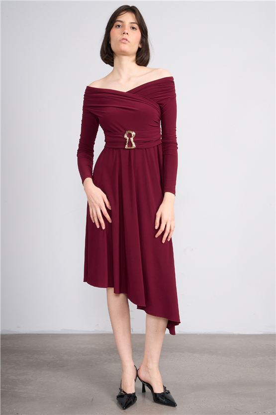 Patara Y26 26-5123 Bordo Kadın Drapeli Kruvaze Yaka Elbise S-Xl