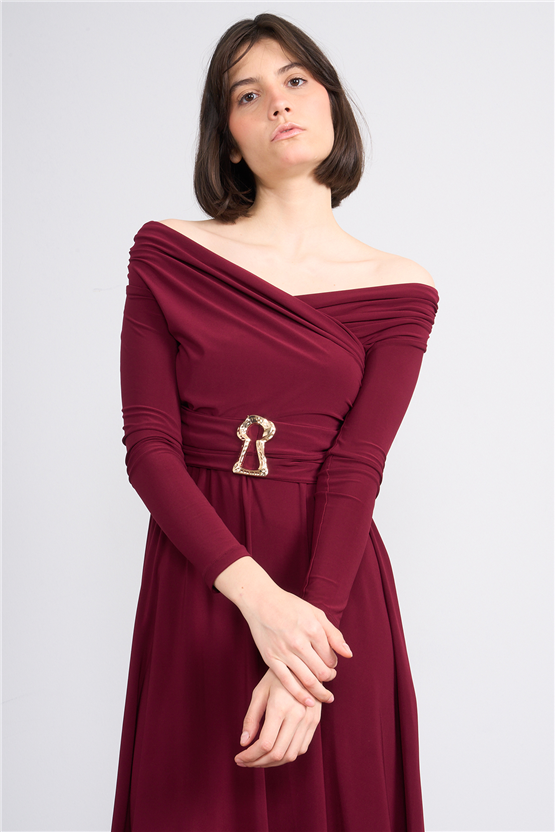 Patara Y26 26-5123 Bordo Kadın Drapeli Kruvaze Yaka Elbise S-Xl