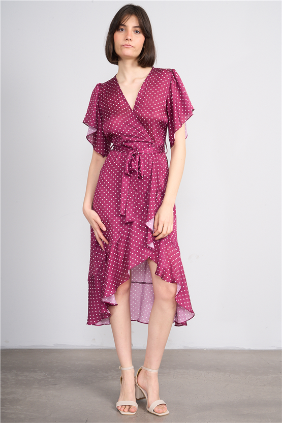 Patara Y26 26-5123 Bordo Kadın Kruvaze Volanlı Elbise S-Xl