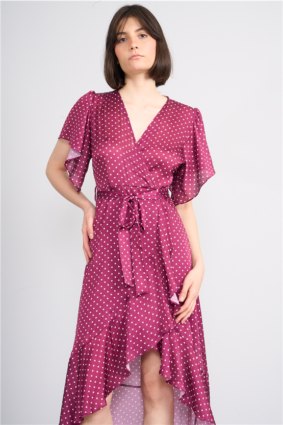 Patara Y26 26-5123 Bordo Kadın Kruvaze Volanlı Elbise S-Xl