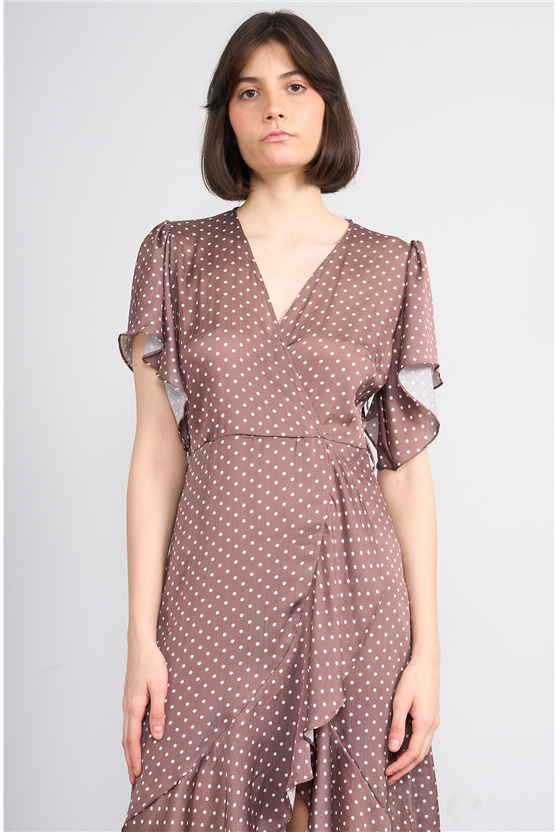 Patara Y26 26-5123 Kahve Kadın Kruvaze Volanlı Elbise S-Xl
