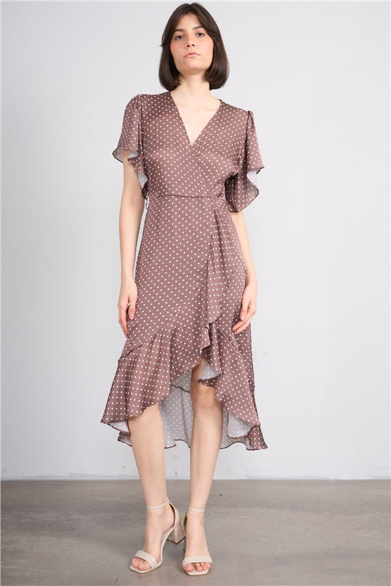 Patara Y26 26-5123 Kahve Kadın Kruvaze Volanlı Elbise S-Xl