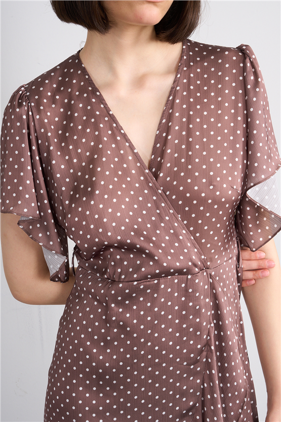 Patara Y26 26-5123 Kahve Kadın Kruvaze Volanlı Elbise S-Xl