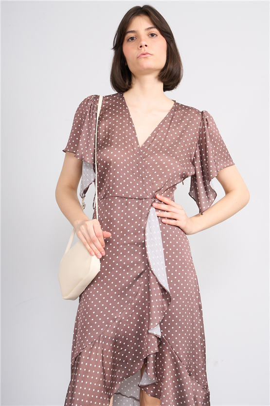 Patara Y26 26-5123 Kahve Kadın Kruvaze Volanlı Elbise S-Xl