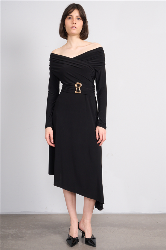 Patara Y26 26-5123 Siyah Kadın Drapeli Kruvaze Yaka Elbise S-Xl