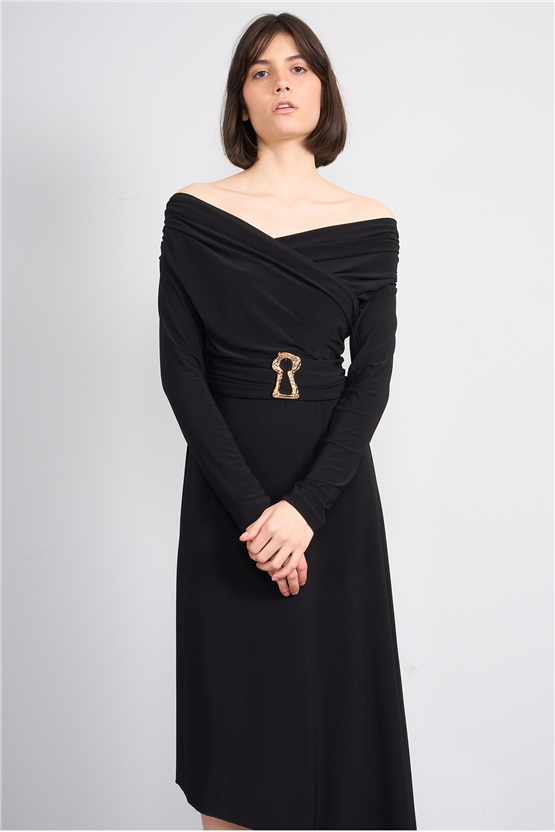 Patara Y26 26-5123 Siyah Kadın Drapeli Kruvaze Yaka Elbise S-Xl