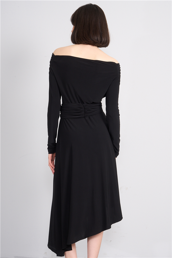 Patara Y26 26-5123 Siyah Kadın Drapeli Kruvaze Yaka Elbise S-Xl