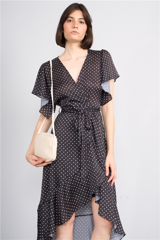 Patara Y26 26-5123 Siyah Kadın Kruvaze Volanlı Elbise S-Xl