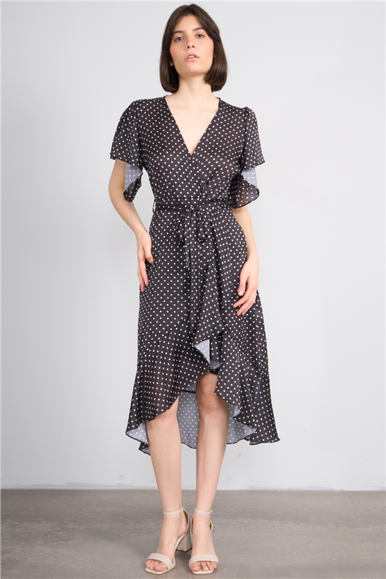 Patara Y26 26-5123 Siyah Kadın Kruvaze Volanlı Elbise S-Xl