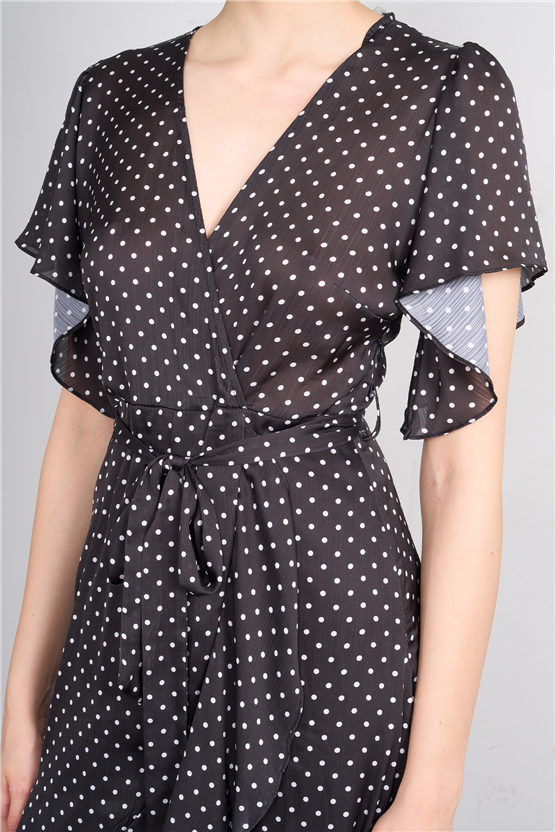 Patara Y26 26-5123 Siyah Kadın Kruvaze Volanlı Elbise S-Xl