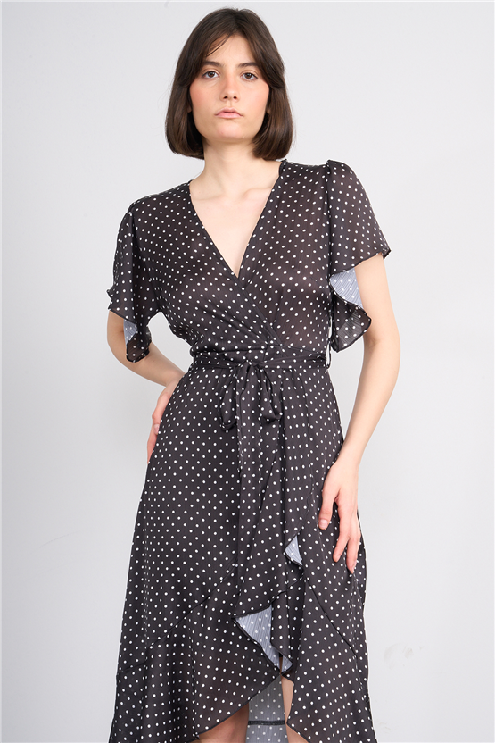 Patara Y26 26-5123 Siyah Kadın Kruvaze Volanlı Elbise S-Xl