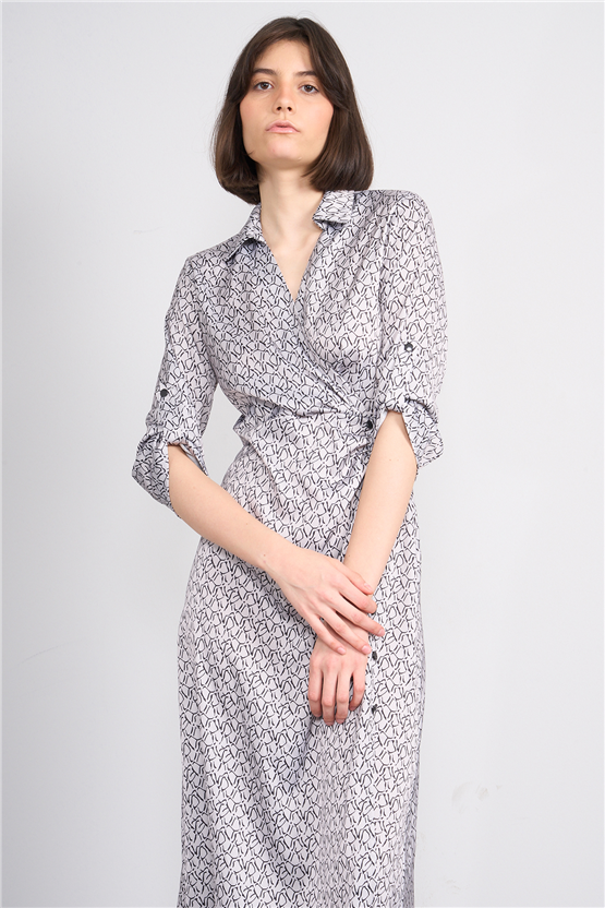Patara Y26 26-5125 Ekru Kadın Kruvaze Yırtmaçlı Elbise S-Xxl