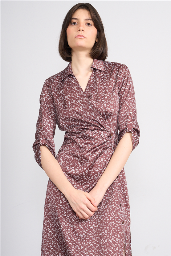 Patara Y26 26-5125 Kahve Kadın Kruvaze Yırtmaçlı Elbise S-Xxl