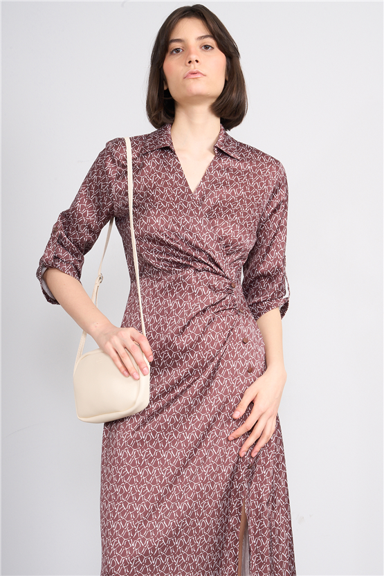 Patara Y26 26-5125 Kahve Kadın Kruvaze Yırtmaçlı Elbise S-Xxl