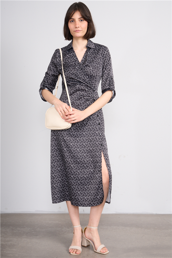 Patara Y26 26-5125 Siyah Kadın Kruvaze Yırtmaçlı Elbise S-Xxl