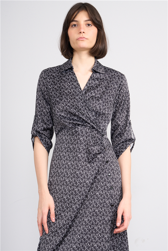 Patara Y26 26-5125 Siyah Kadın Kruvaze Yırtmaçlı Elbise S-Xxl