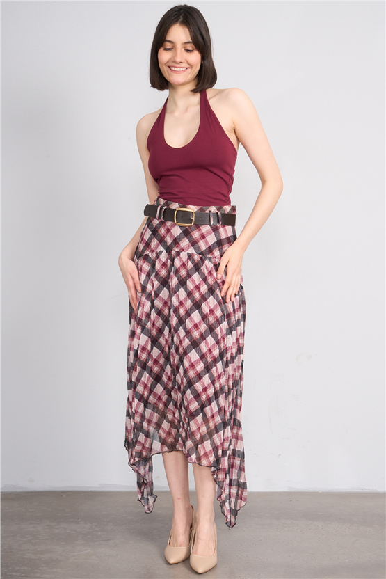 Patara Y26 26-7102 Bordo Kadın Marjin Ekose Etek S-Xxl